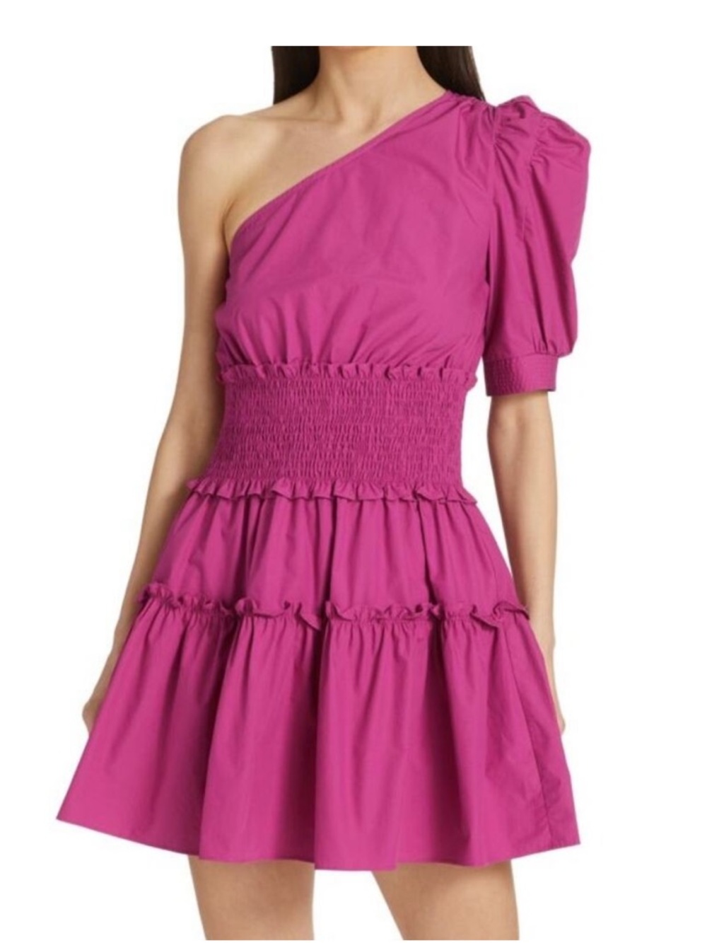 En Saison Celia Fuchsia One-Shoulder Puff Sleeve Tiered Dress Size S